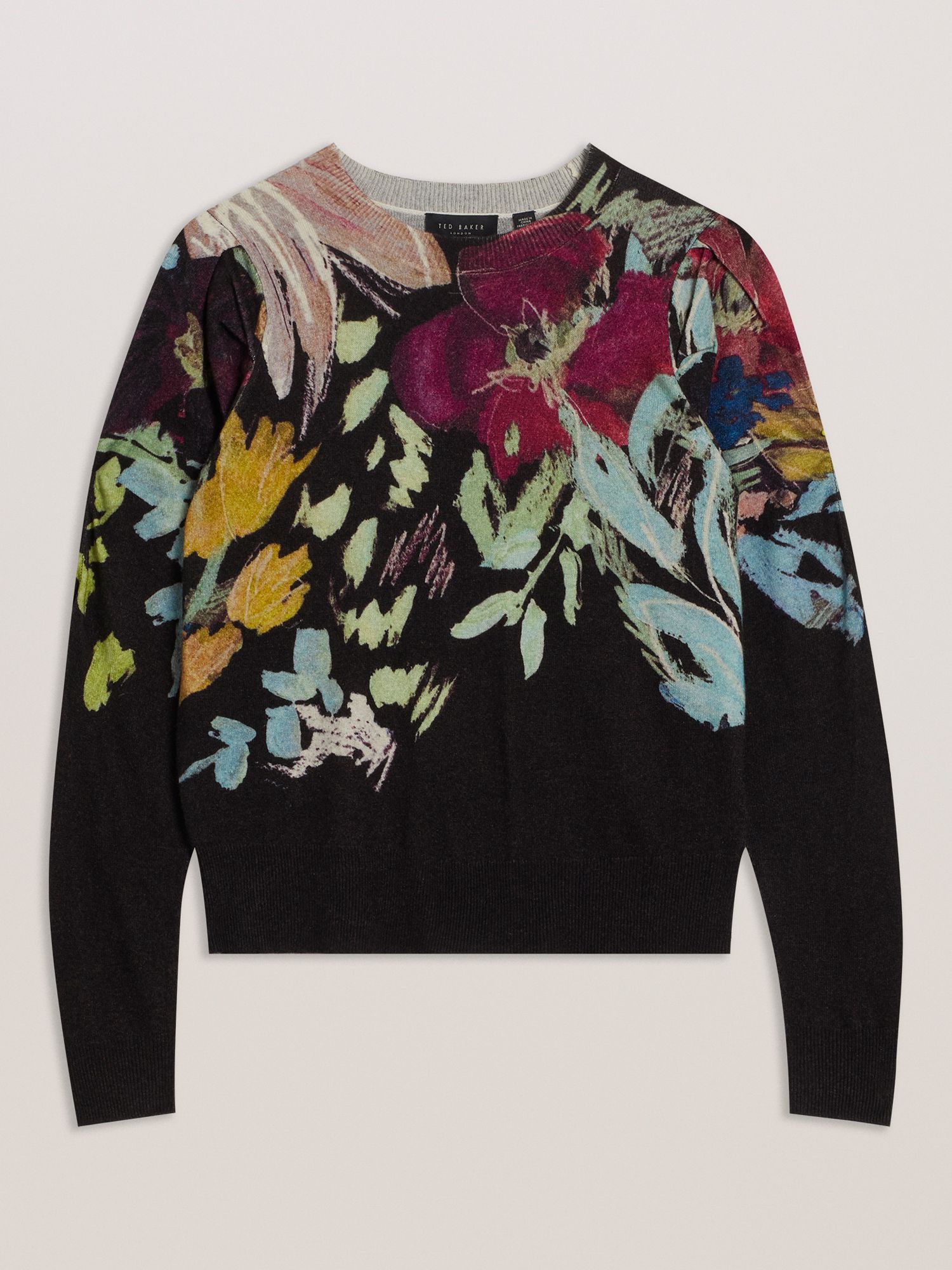Ted Baker Magarit Wool and Cashmere Blend Floral Jumper, Black/Multi, 8