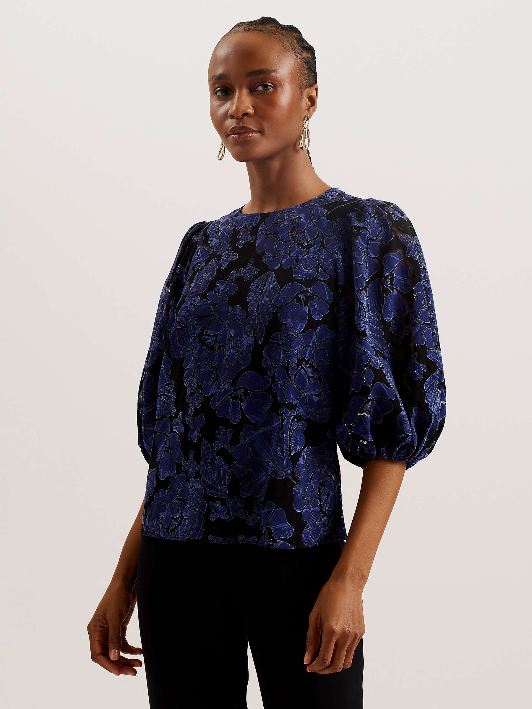 Buy Ted Baker Arpy Textured Floral Print Balloon Sleeve Top, Navy Online at johnlewis.com