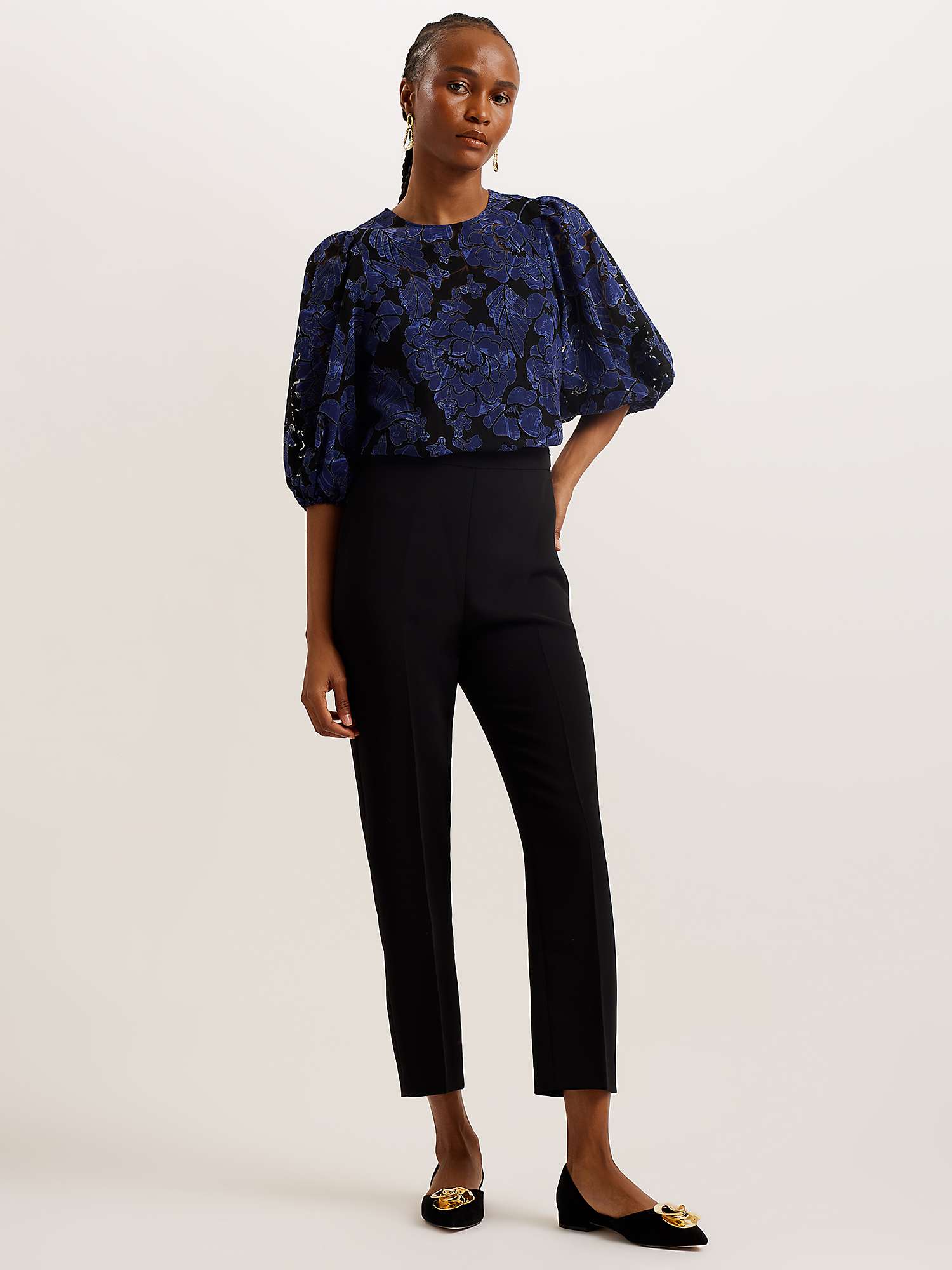 Buy Ted Baker Arpy Textured Floral Print Balloon Sleeve Top, Navy Online at johnlewis.com