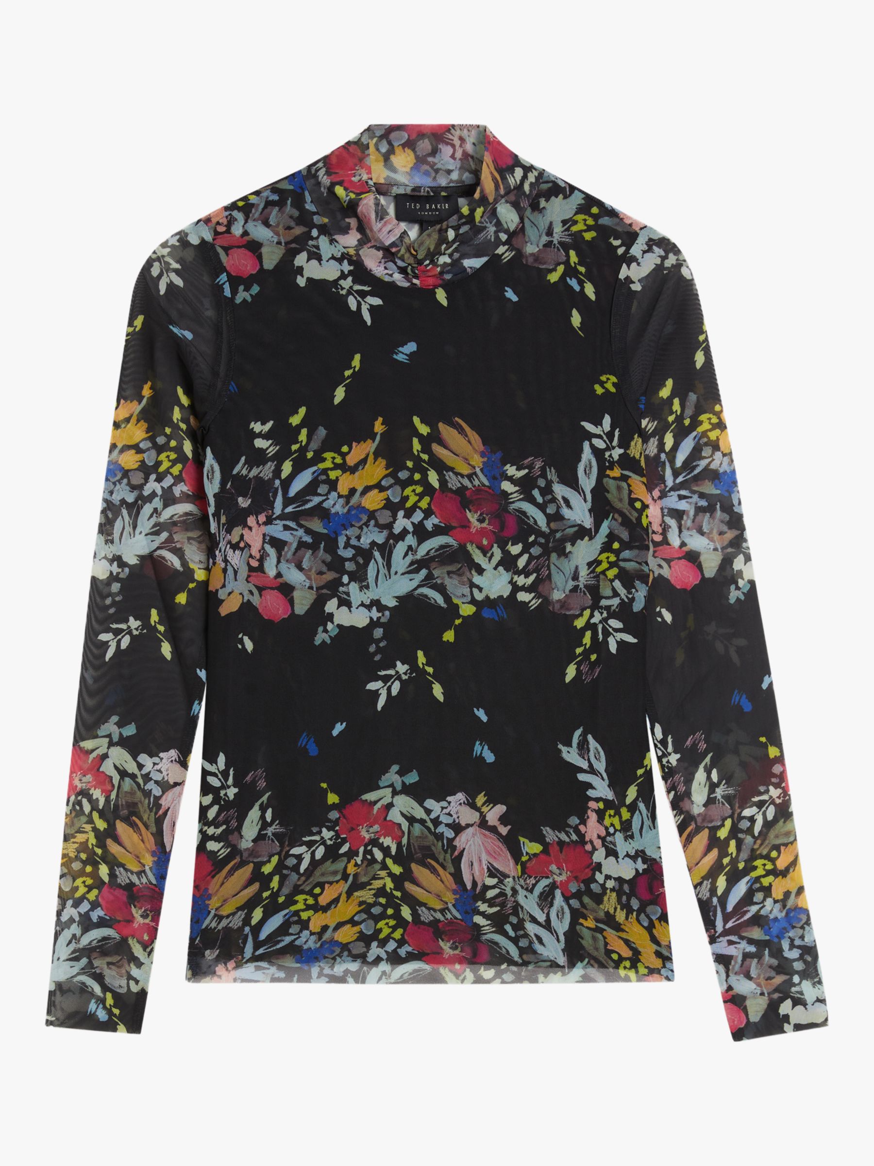 Ted Baker Amandha Floral Print Mesh Top, Black/Multi at John Lewis