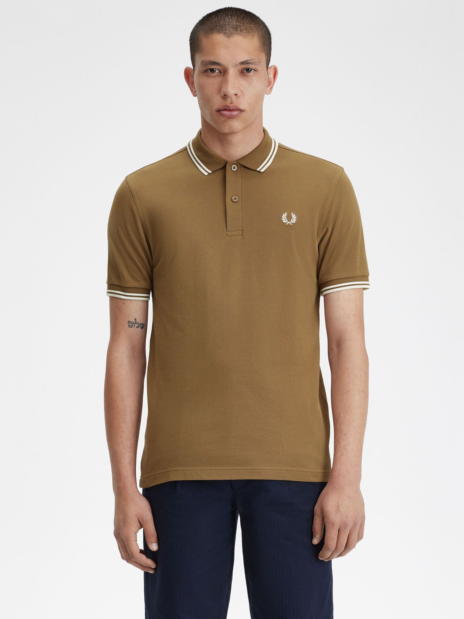 Fred Perry Twin Tipped Short Sleeve Polo Shirt, Brown/Ecru, M