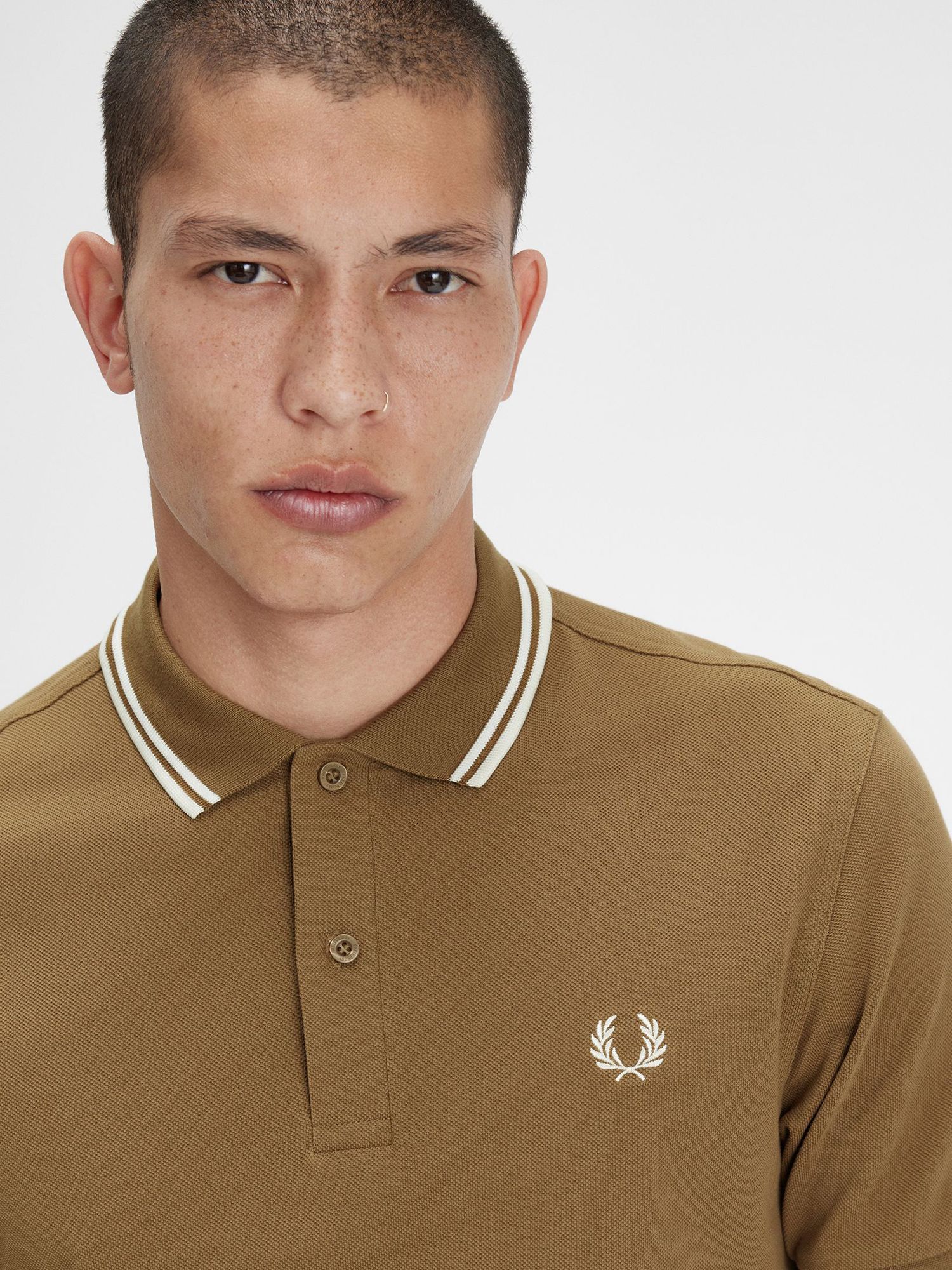 Fred Perry Twin Tipped Short Sleeve Polo Shirt, Brown/Ecru at John ...