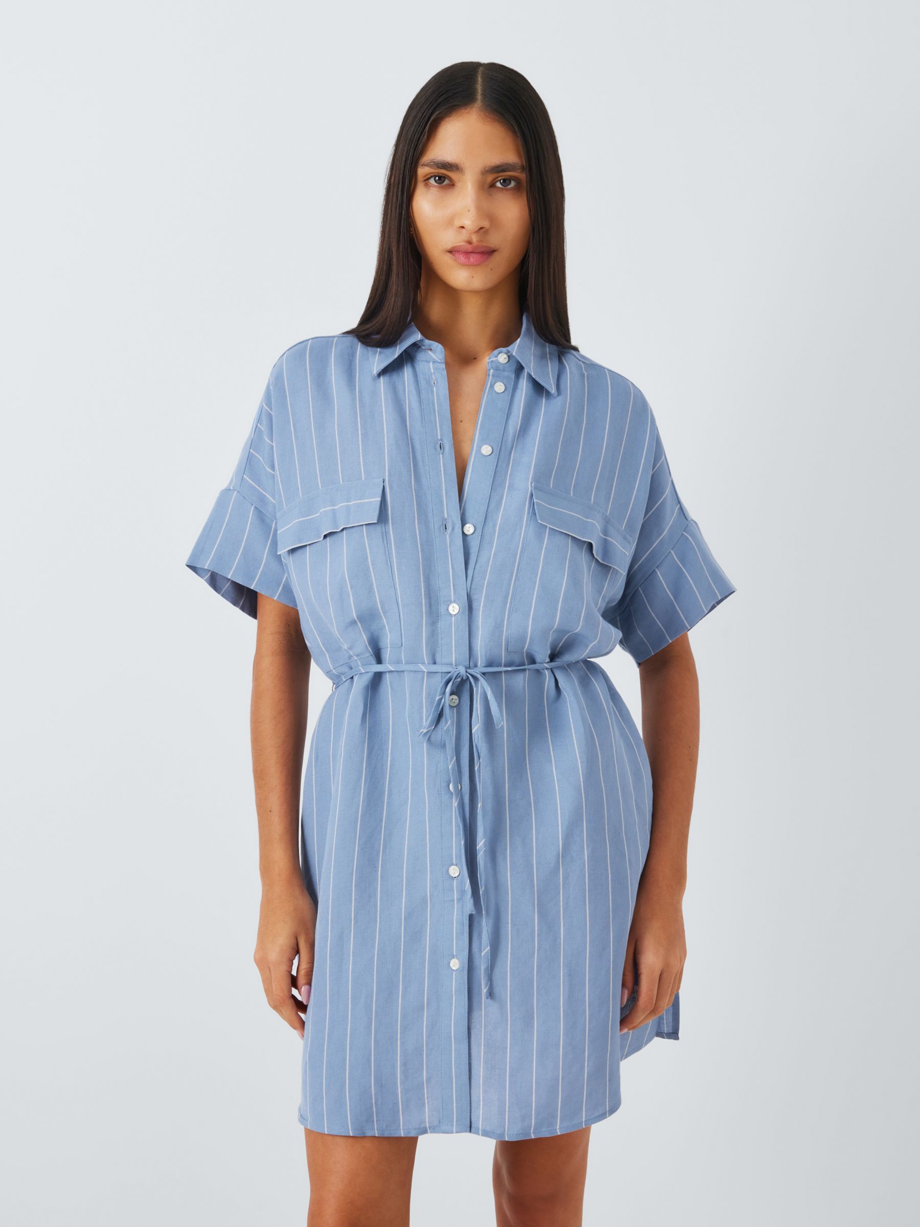 John Lewis Stripe Linen Blend Beach Shirt Dress, Blue, L