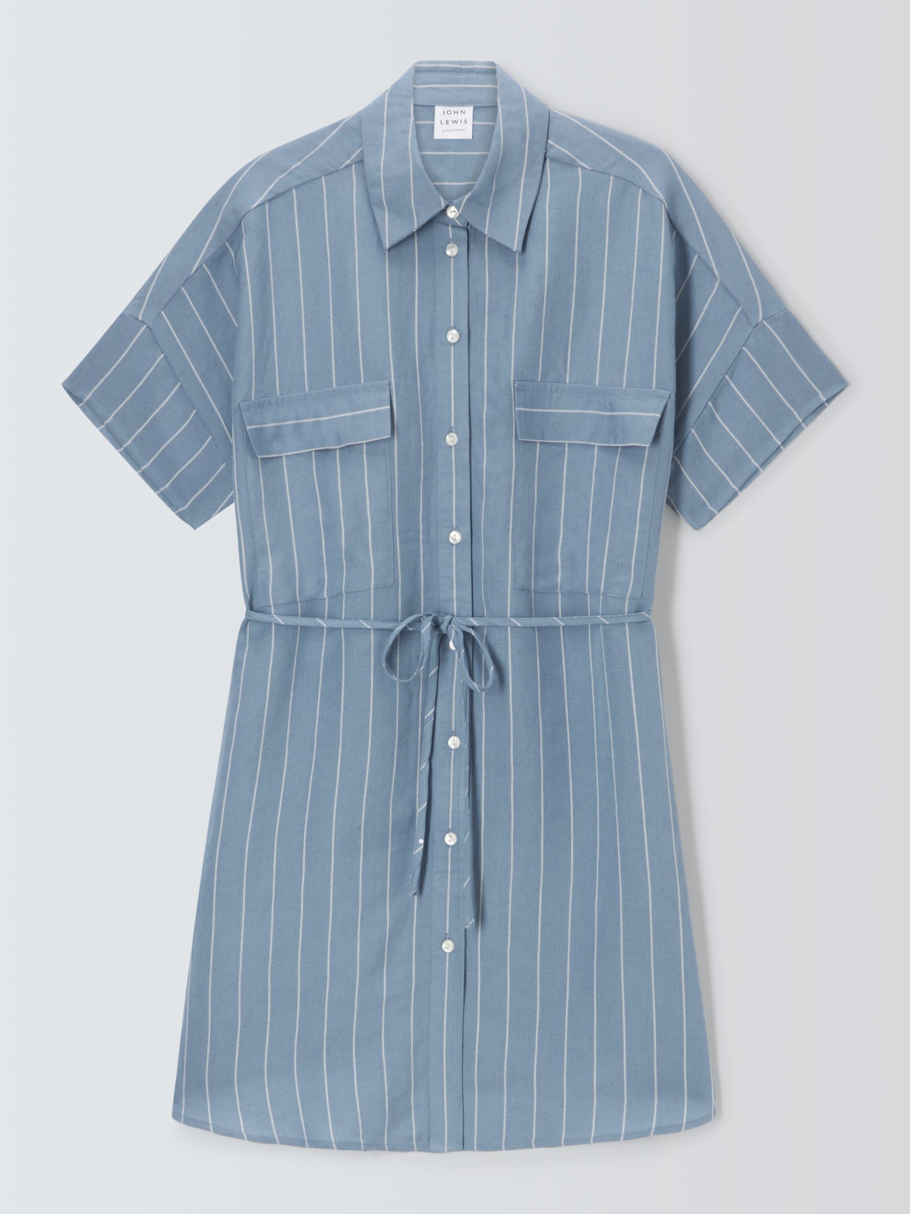 John Lewis Stripe Linen Blend Beach Shirt Dress, Blue, L