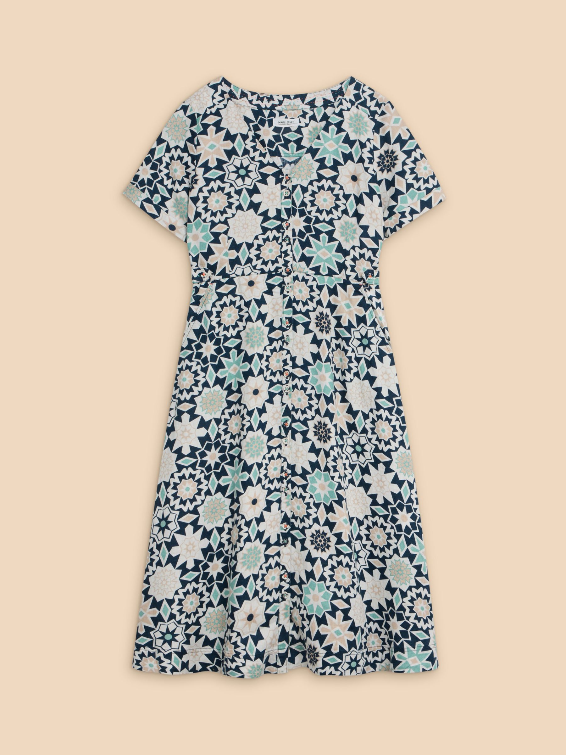 White Stuff Ivy Graphic Print Midi Linen Dress, Navy/Multi, 6