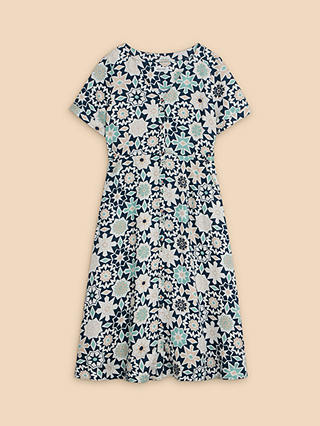 White Stuff Ivy Graphic Print Midi Linen Dress, Navy/Multi