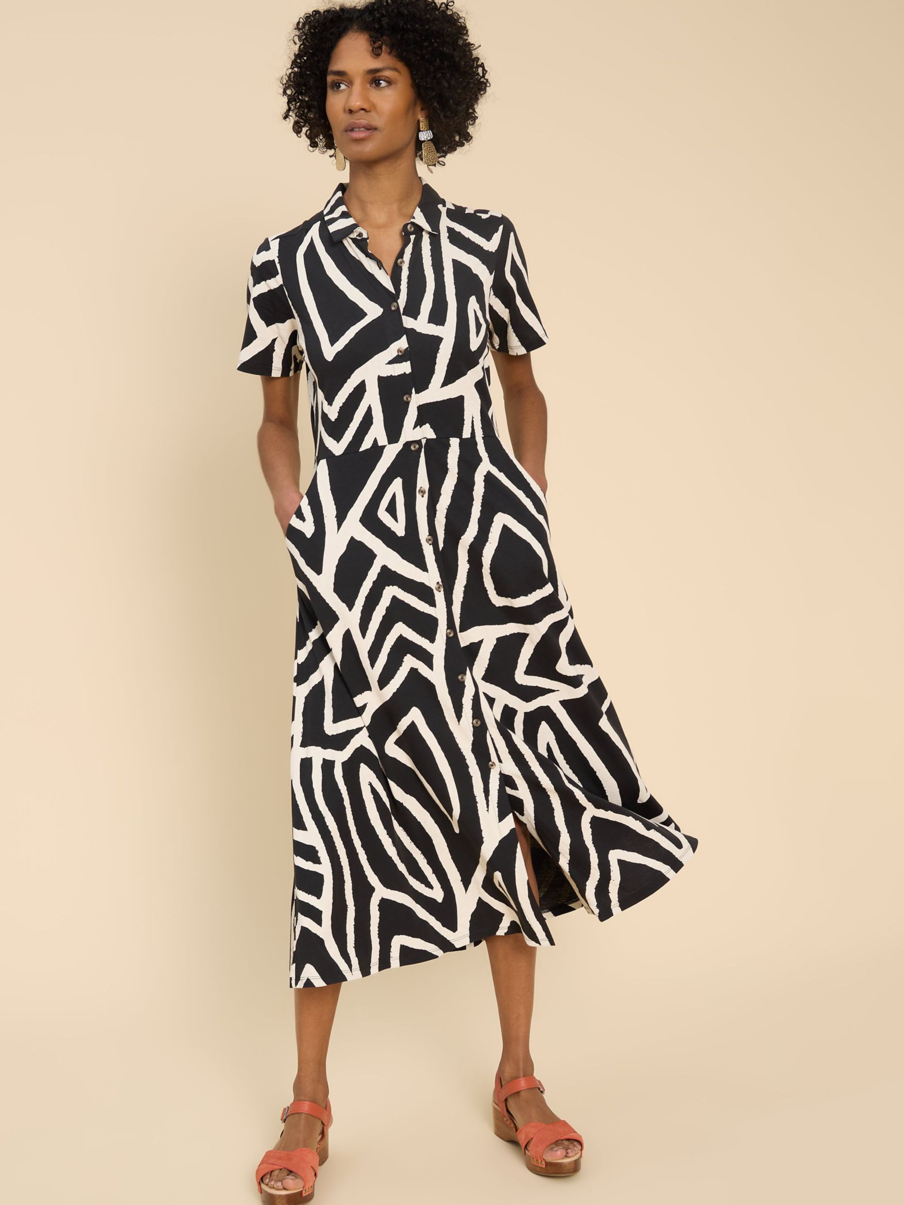 White Stuff Rua Abstract Print Midi Dress, Black/White