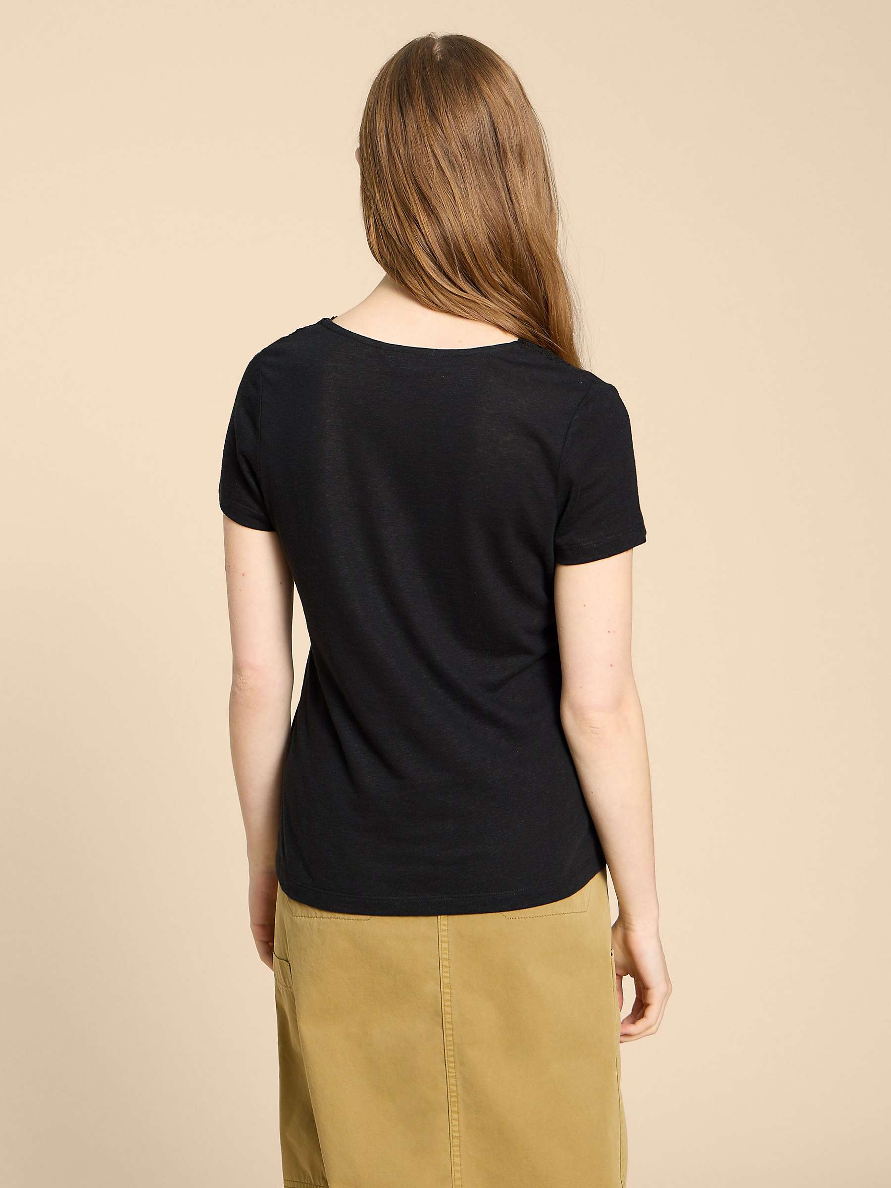 Buy White Stuff Ellie Lace Trim Linen Blend T-Shirt, Pure Black Online at johnlewis.com