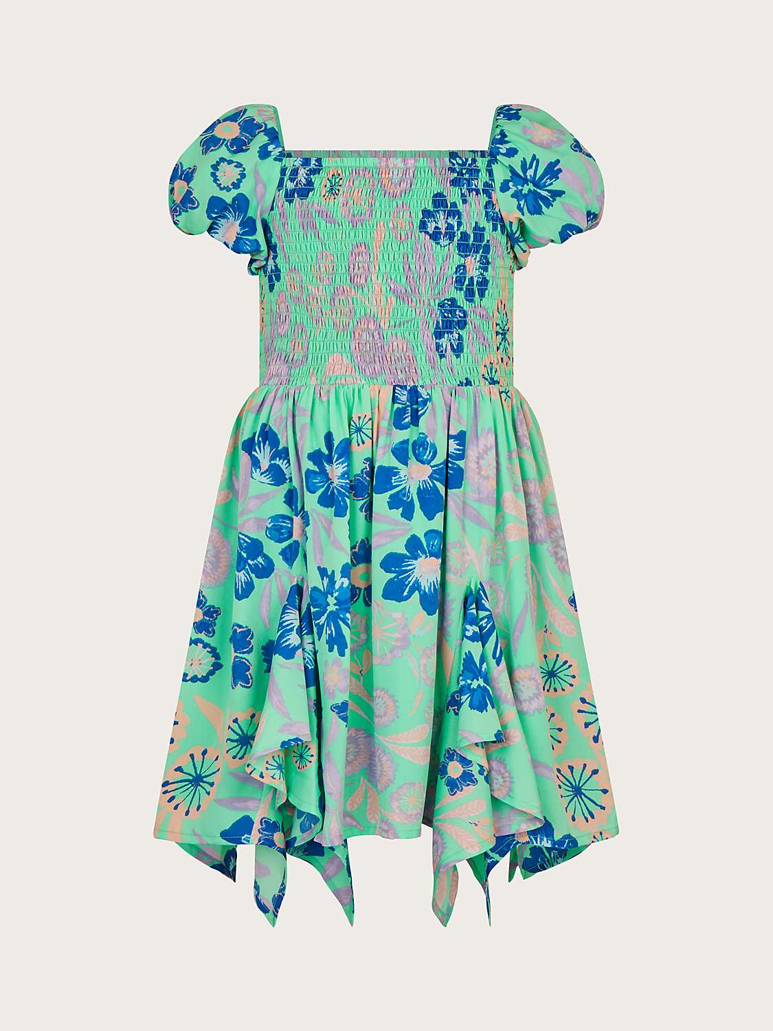 Buy Monsoon Kids' Retro Floral Print Shirred Hanky Hem Dress, Green Online at johnlewis.com