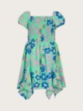 Monsoon Kids' Retro Floral Print Shirred Hanky Hem Dress, Green, Green