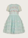 Monsoon Kids' Floral Embroidered Lace Tape Occasion Dress, Aqua