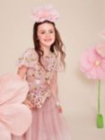 Monsoon Kids' Cora Floral Embroidered Ruffle Occasion Dress, Pink