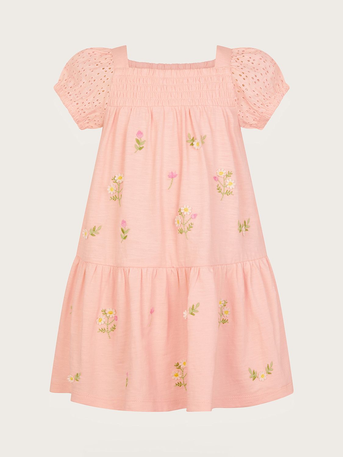 Monsoon Baby Floral Embroidered Broderie Puff Sleeve Dress, Pale Pink