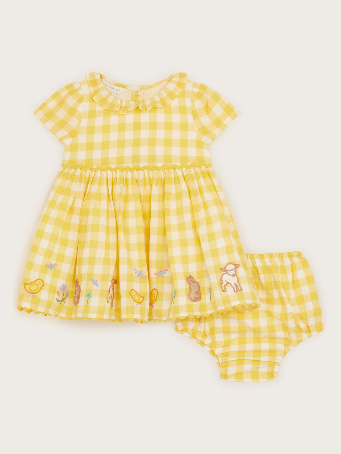 Monsoon Baby Gingham Farm Animal Dress & Knickers Set, Yellow, 0-3 months