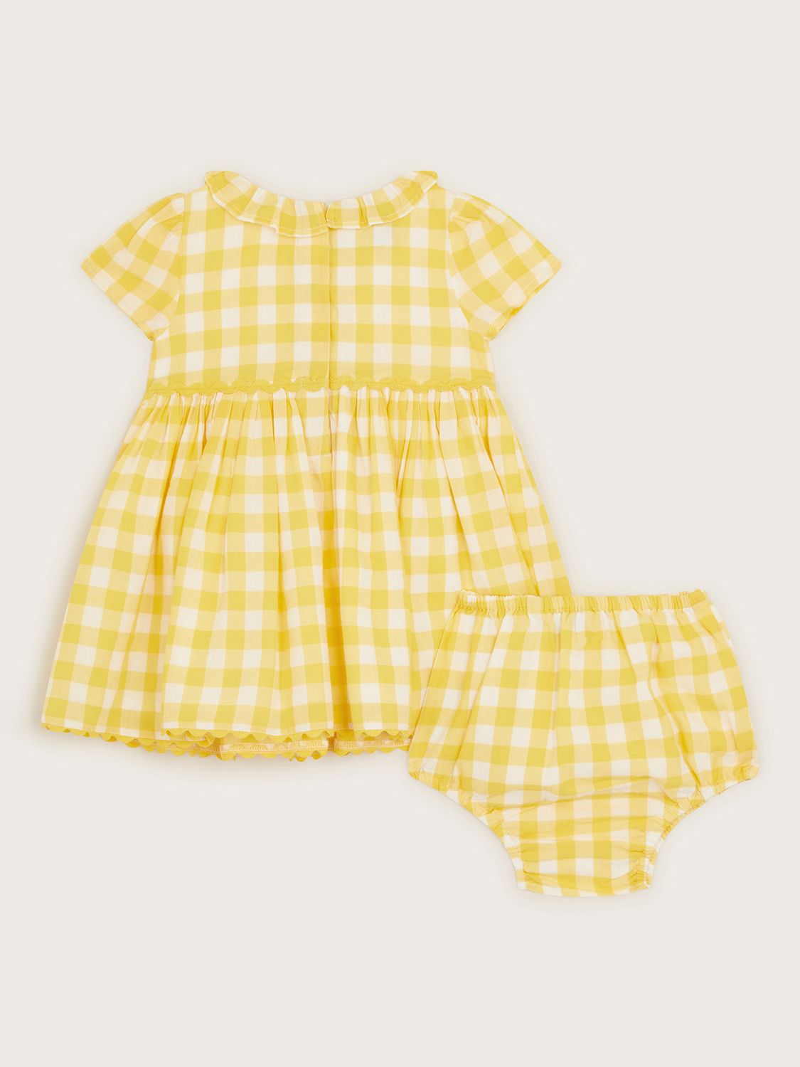 Monsoon Baby Gingham Farm Animal Dress & Knickers Set, Yellow, 0-3 months