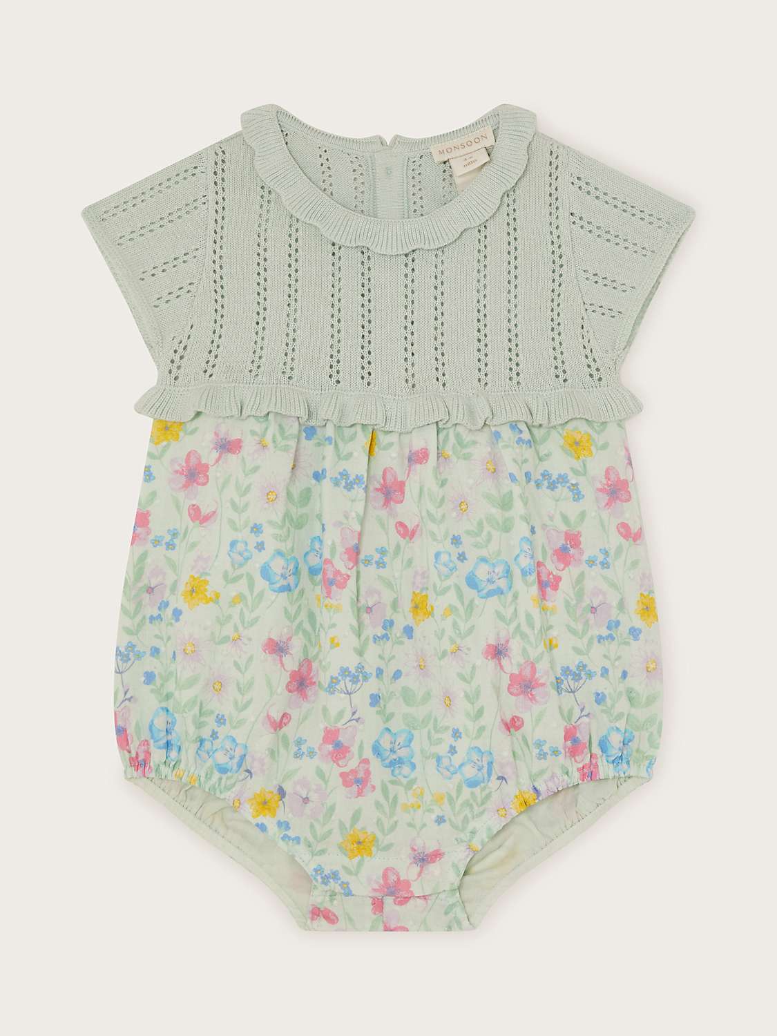 Buy Monsoon Baby Floral Print Knit Split Romper, Aqua Online at johnlewis.com