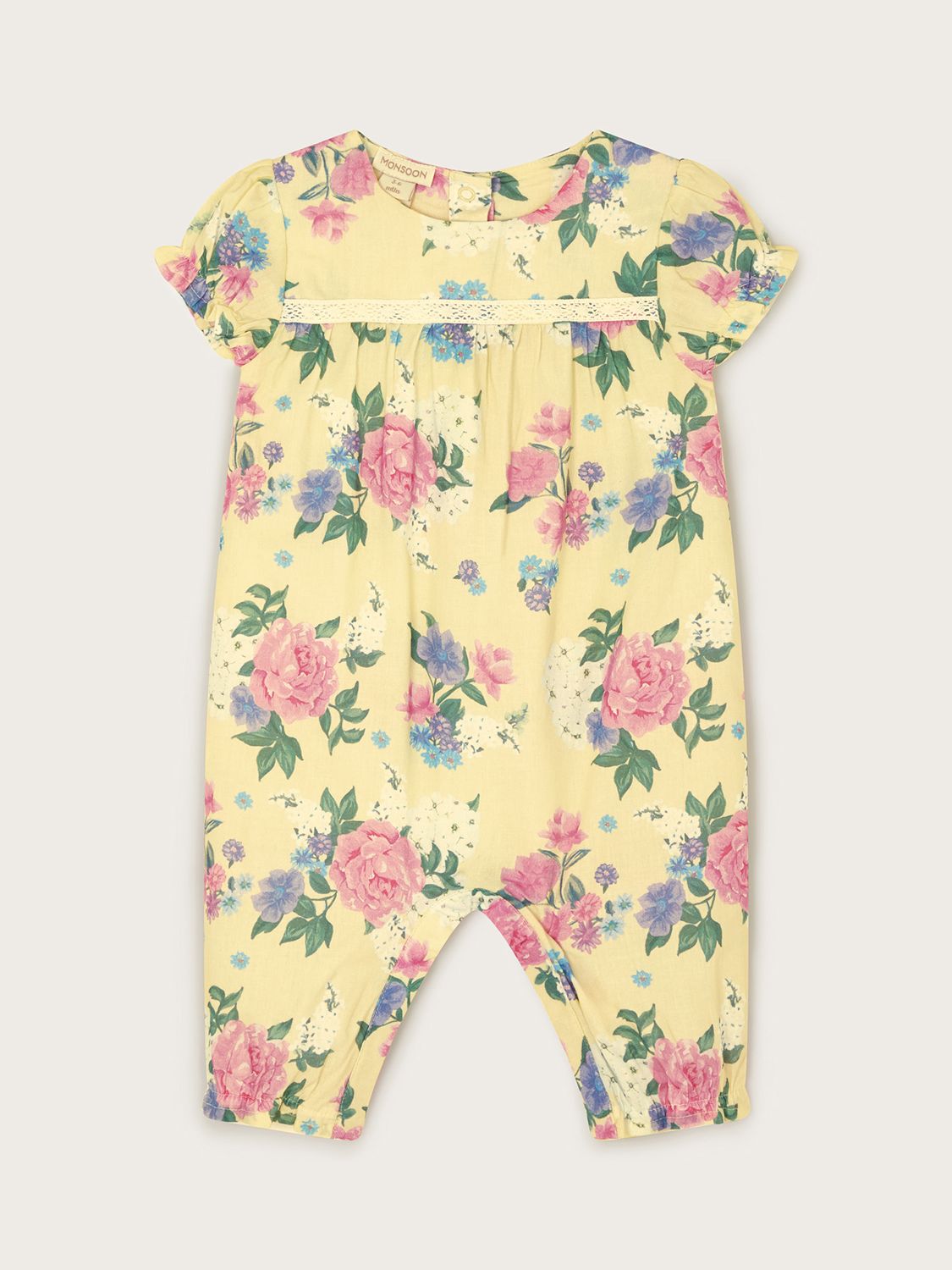 Monsoon Baby Floral Print Romper, Yellow/Multi, 0-3 months