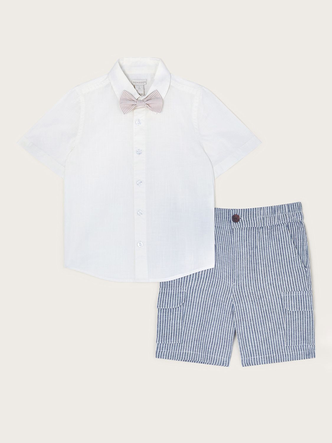 Monsoon Kids' Smart Shirt, Stripe Shorts & Bow Tie Set, Blue/White, 10 years