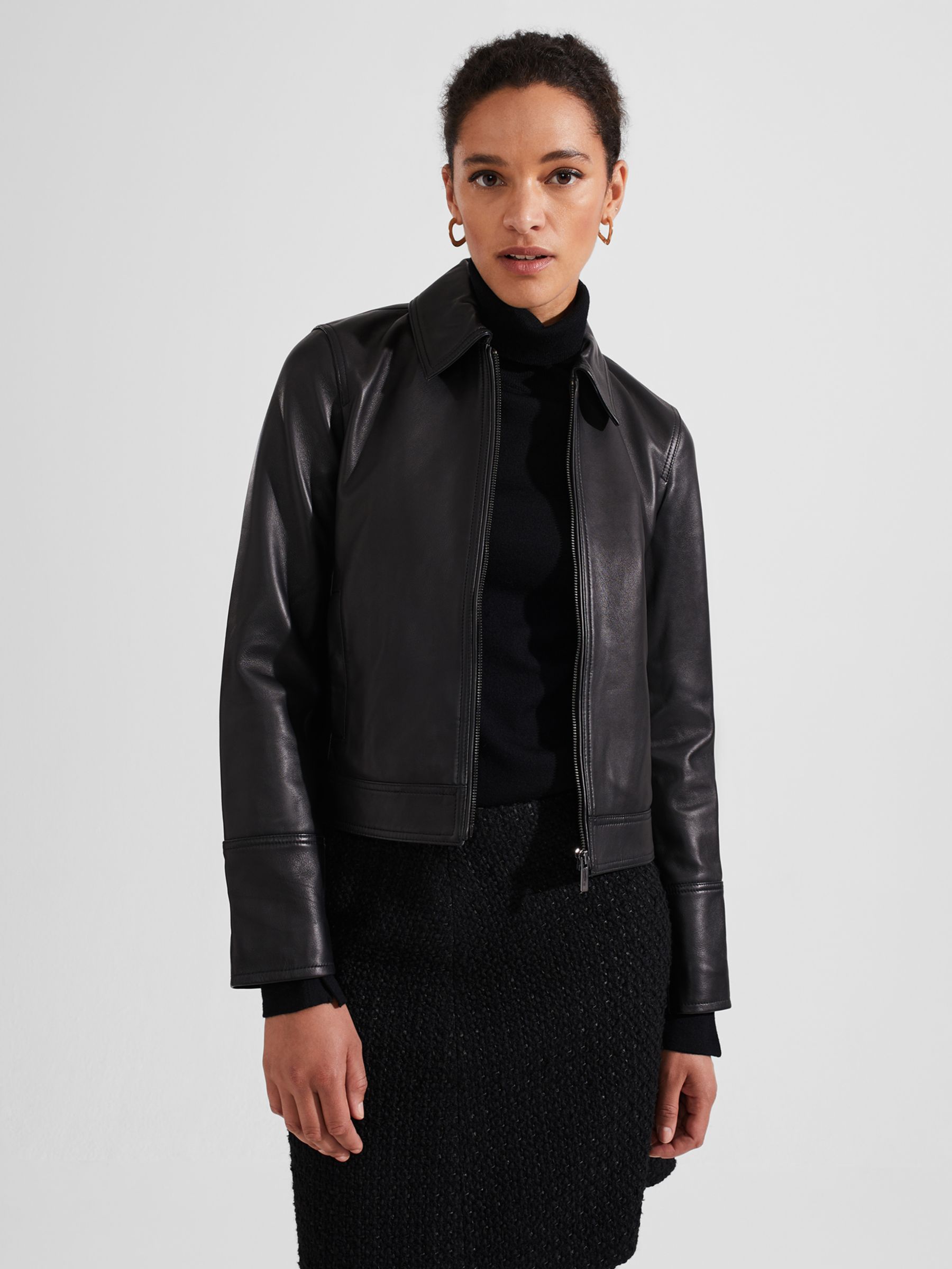 Hobbs Frederica Short Leather Jacket, Black at John Lewis & Partners