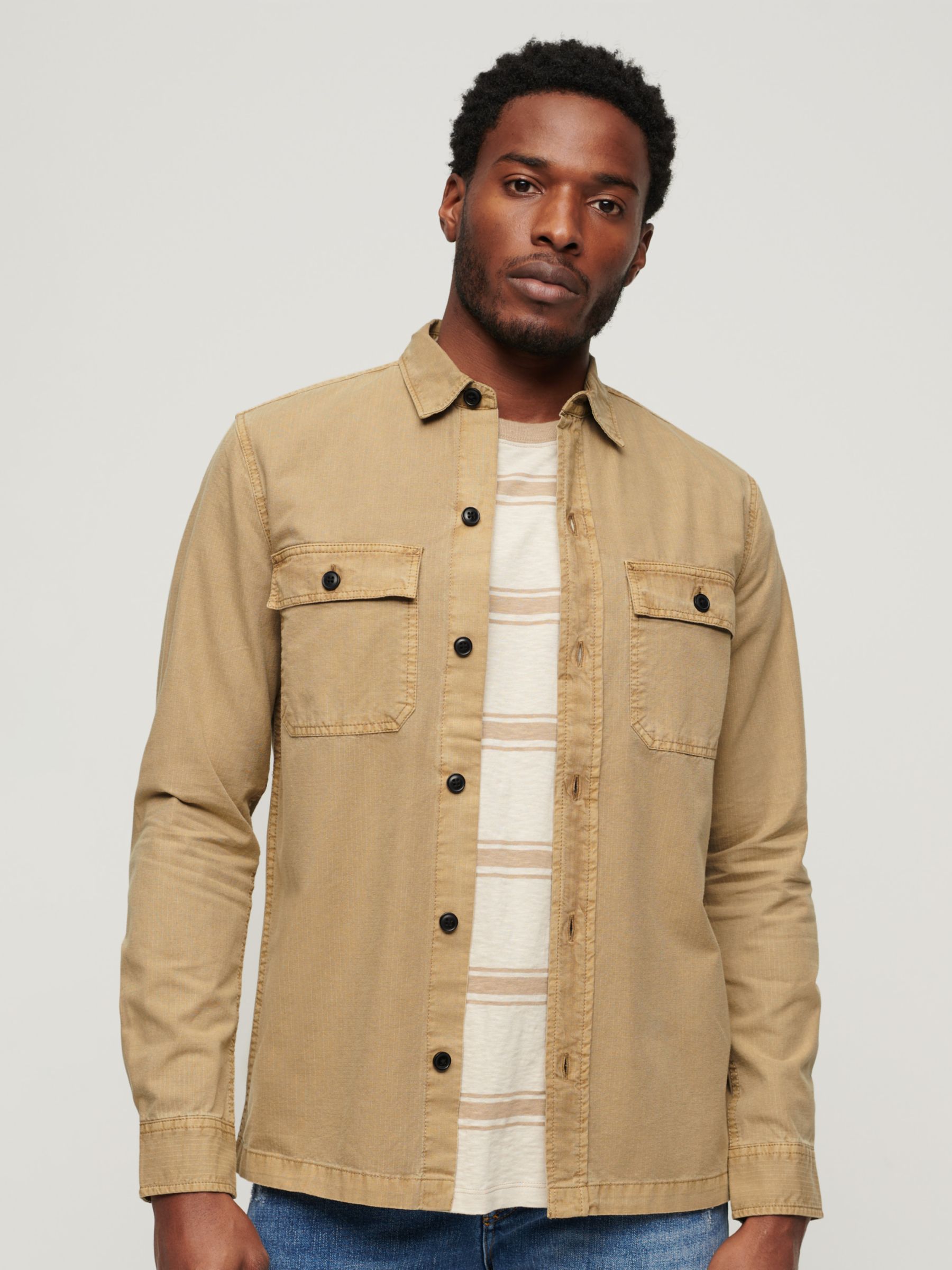 Superdry Military Long Sleeve Shirt, Sand Brown at John Lewis & Partners