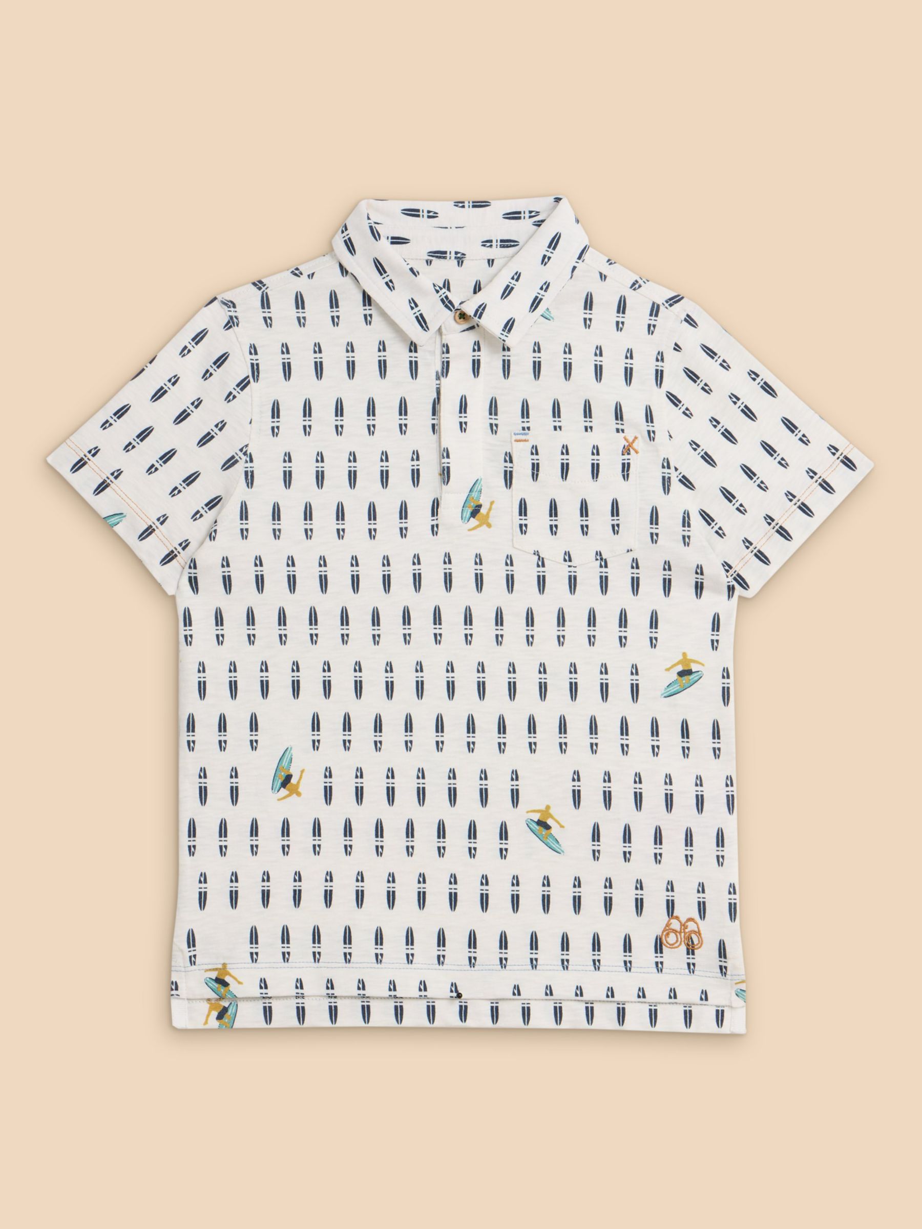 White Stuff Kids' Surfers Print Polo Shirt, Ivory/Multi, 3-4 years