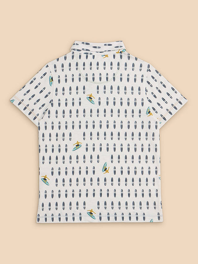 White Stuff Kids' Surfers Print Polo Shirt, Ivory/Multi
