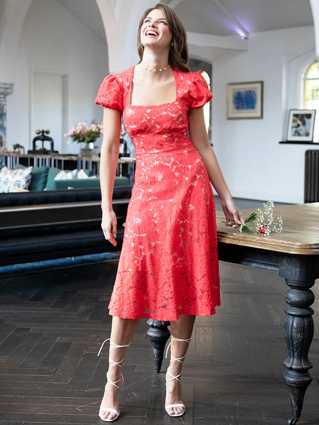 HotSquash A-Line Lace Contrast Midi Dress, Red/Beige