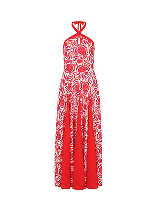 HotSquash Halterneck Contrast Panels Maxi Dress, Red/White Paisley