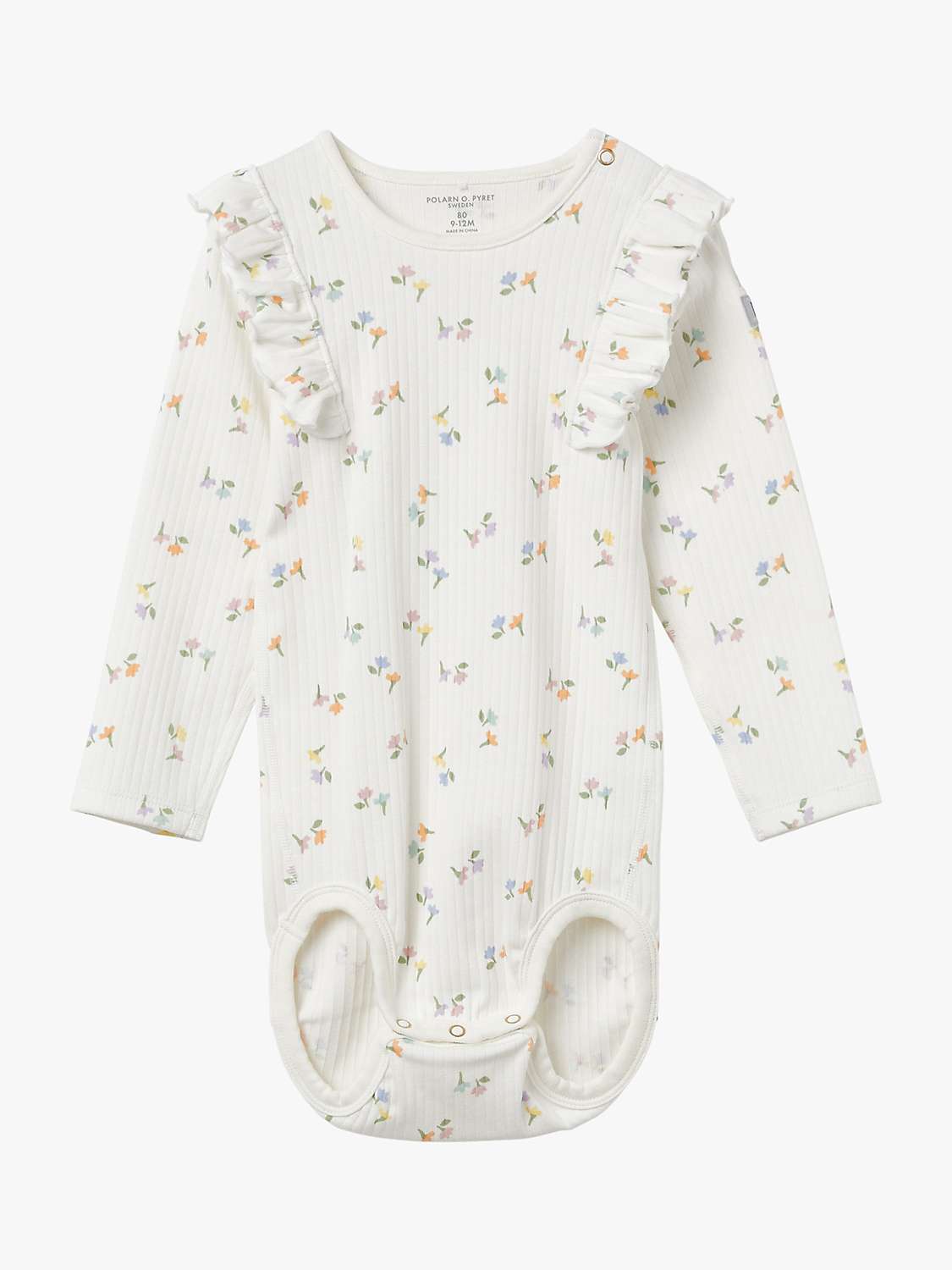 Buy Polarn O. Pyret Baby Organic Cotton Rib Floral Print Ruffle Bodysuit, White Online at johnlewis.com