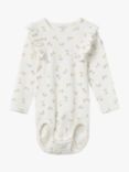 Polarn O. Pyret Baby Organic Cotton Rib Floral Print Ruffle Bodysuit, White