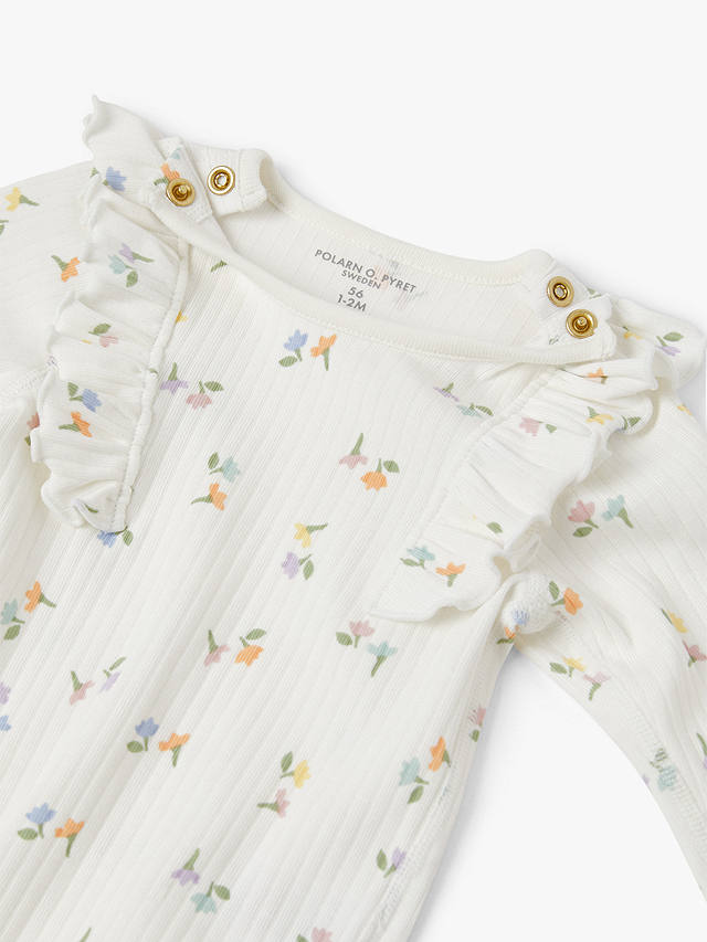 Polarn O. Pyret Baby Organic Cotton Rib Floral Print Ruffle Bodysuit, White