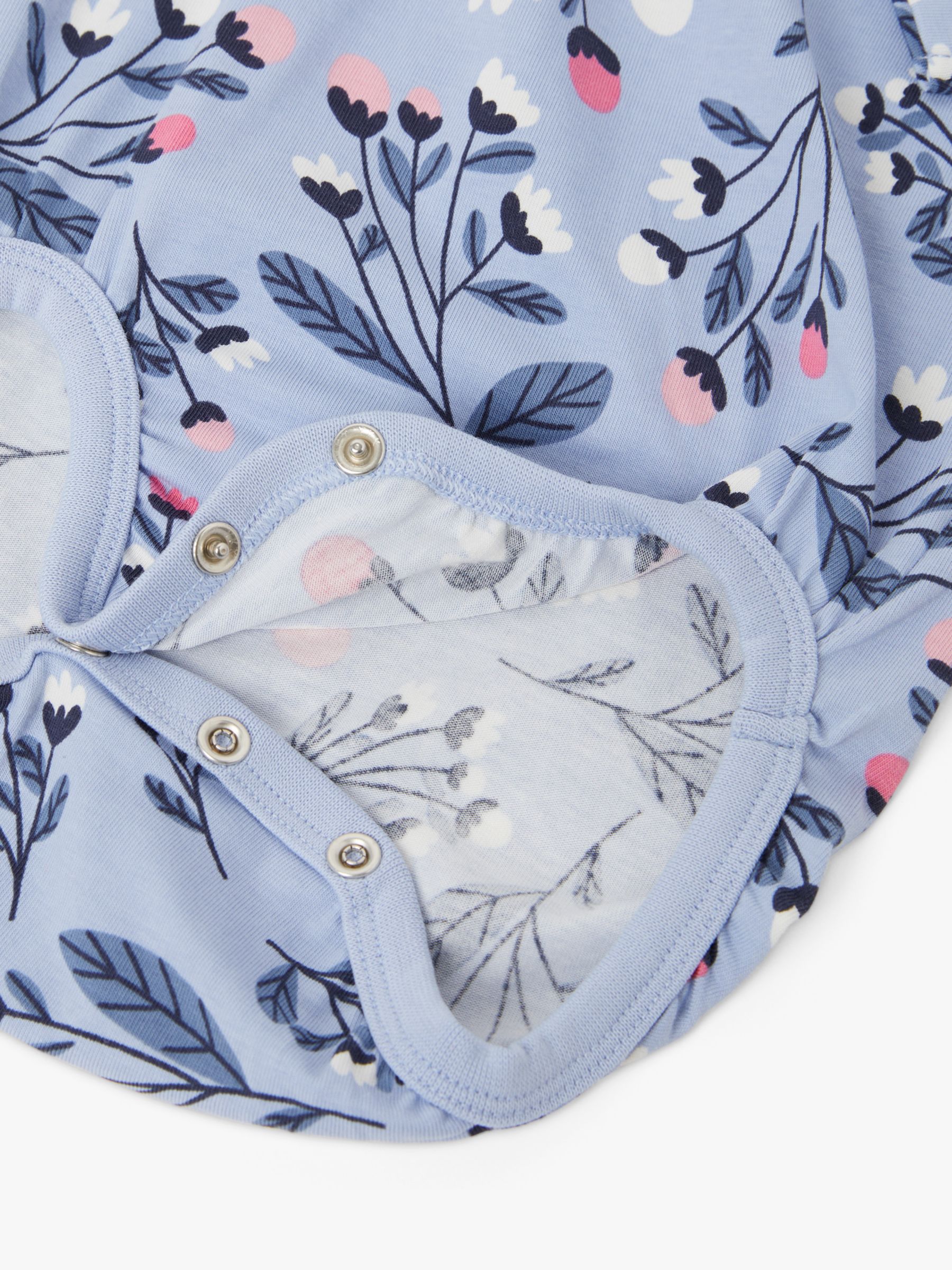 Polarn O. Pyret Baby Organic Cotton Floral Print Ruffle Detail Babygrow, Blue, 1-2 months