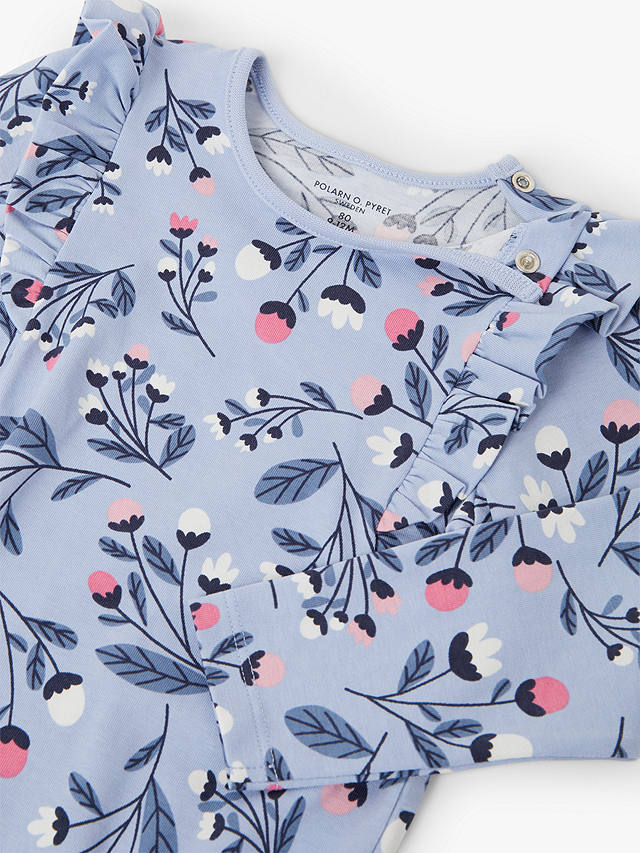 Polarn O. Pyret Baby Organic Cotton Floral Print Ruffle Detail Babygrow, Blue
