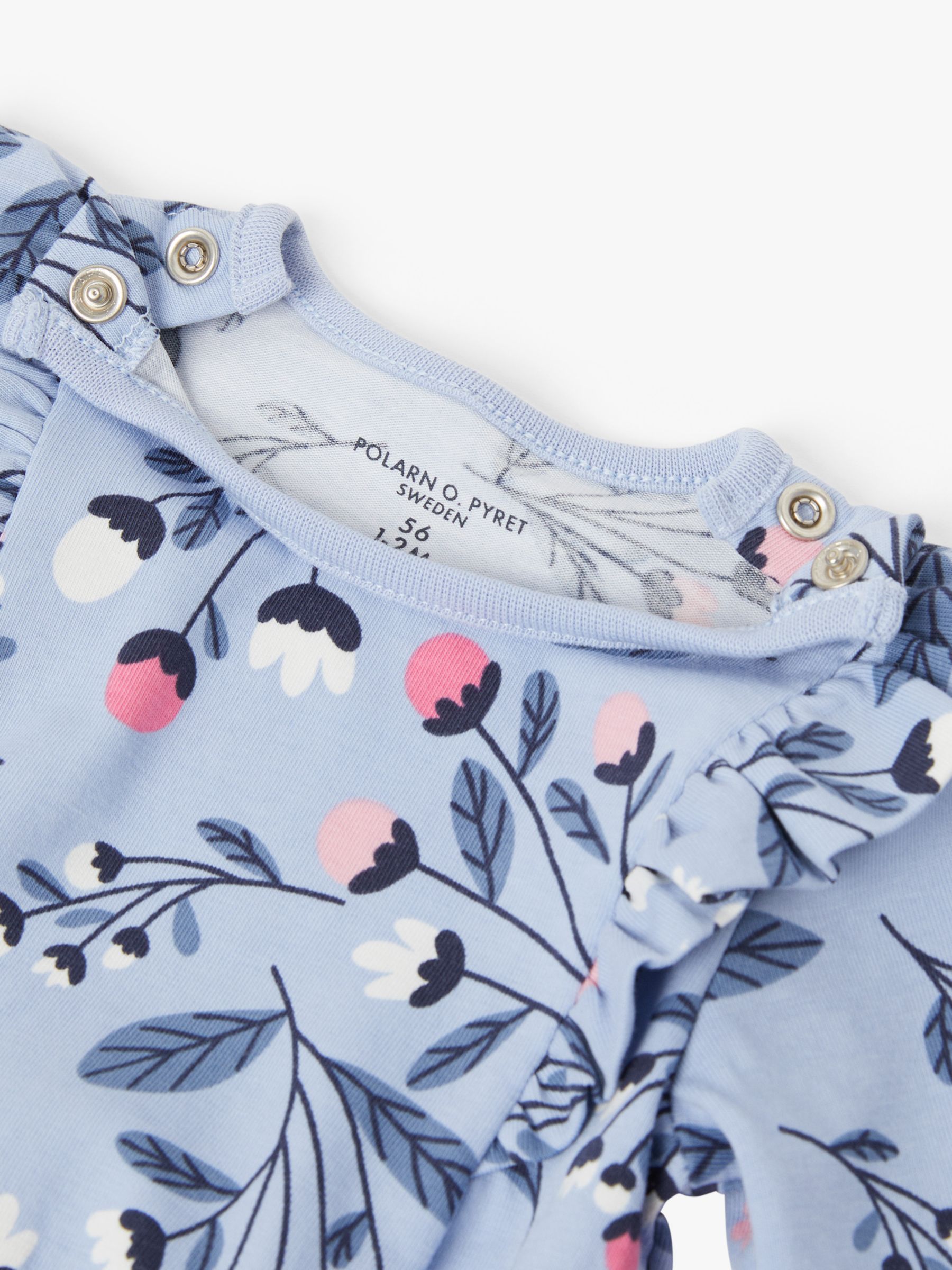 Polarn O. Pyret Baby Organic Cotton Floral Print Ruffle Detail Babygrow, Blue, 1-2 months