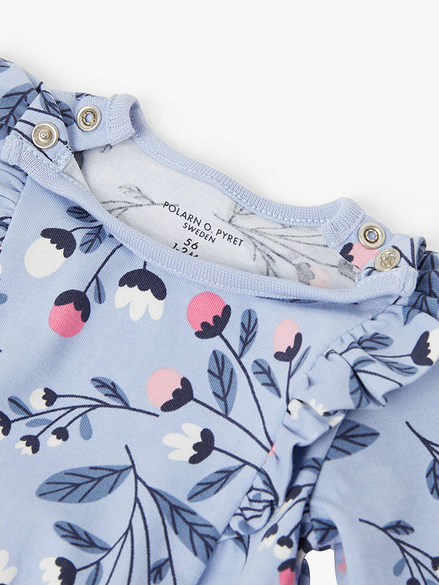 Polarn O. Pyret Baby Organic Cotton Floral Print Ruffle Detail Babygrow, Blue