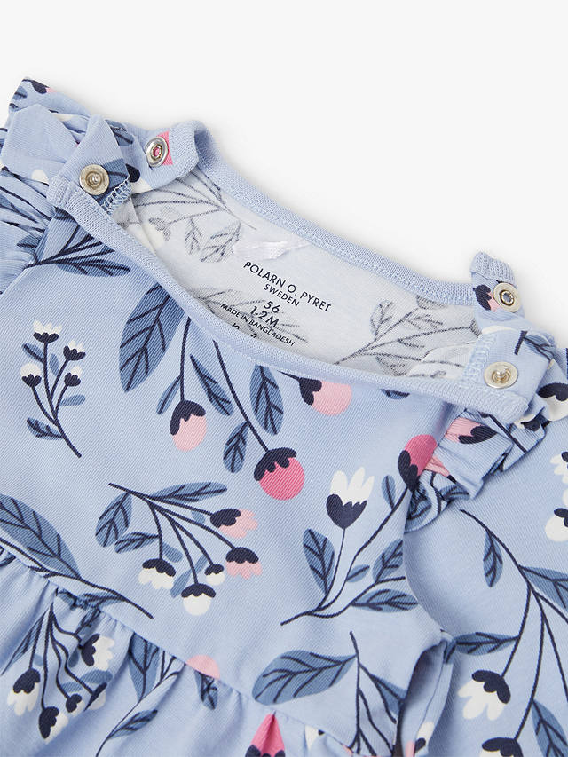 Polarn O. Pyret Baby Organic Cotton Floral Print Ruffle Detail Dress, Blue