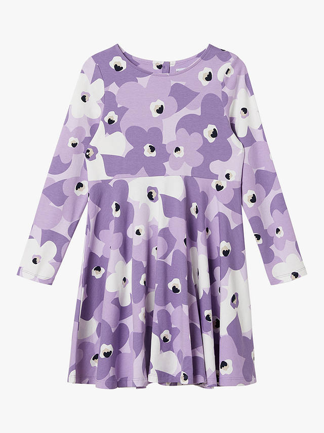 Polarn O. Pyret Kids' Organic Cotton Floral Print Jersey Dress, Purple