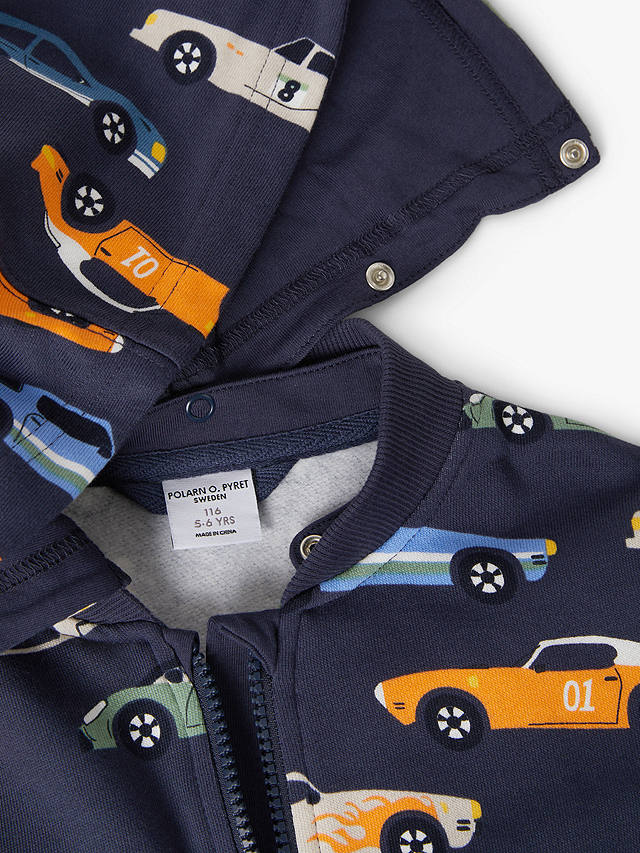Polarn O. Pyret Kids' Organic Cotton Car Print Zip Through Hoodie, Blue