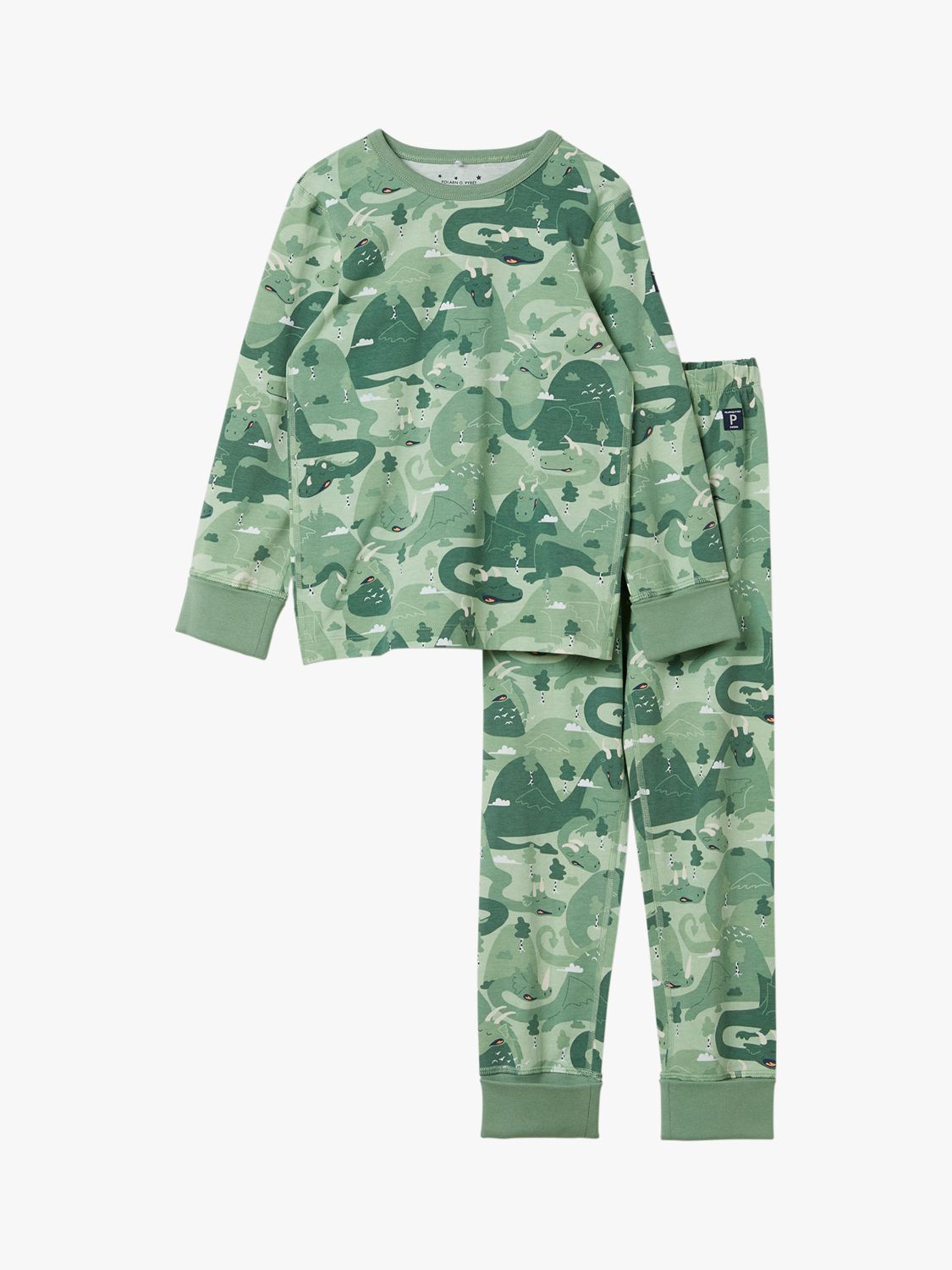 Polarn O. Pyret Kids' Organic Cotton Dragon Print Pyjamas, Green, 1-2 years