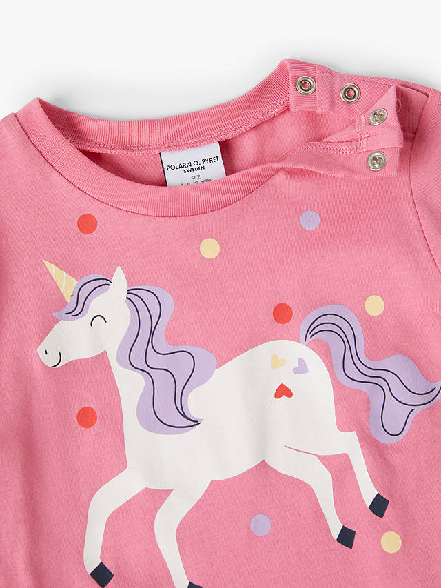 Polarn O. Pyret Kids' GOTS Organic Cotton Unicorn T-Shirt, Pink
