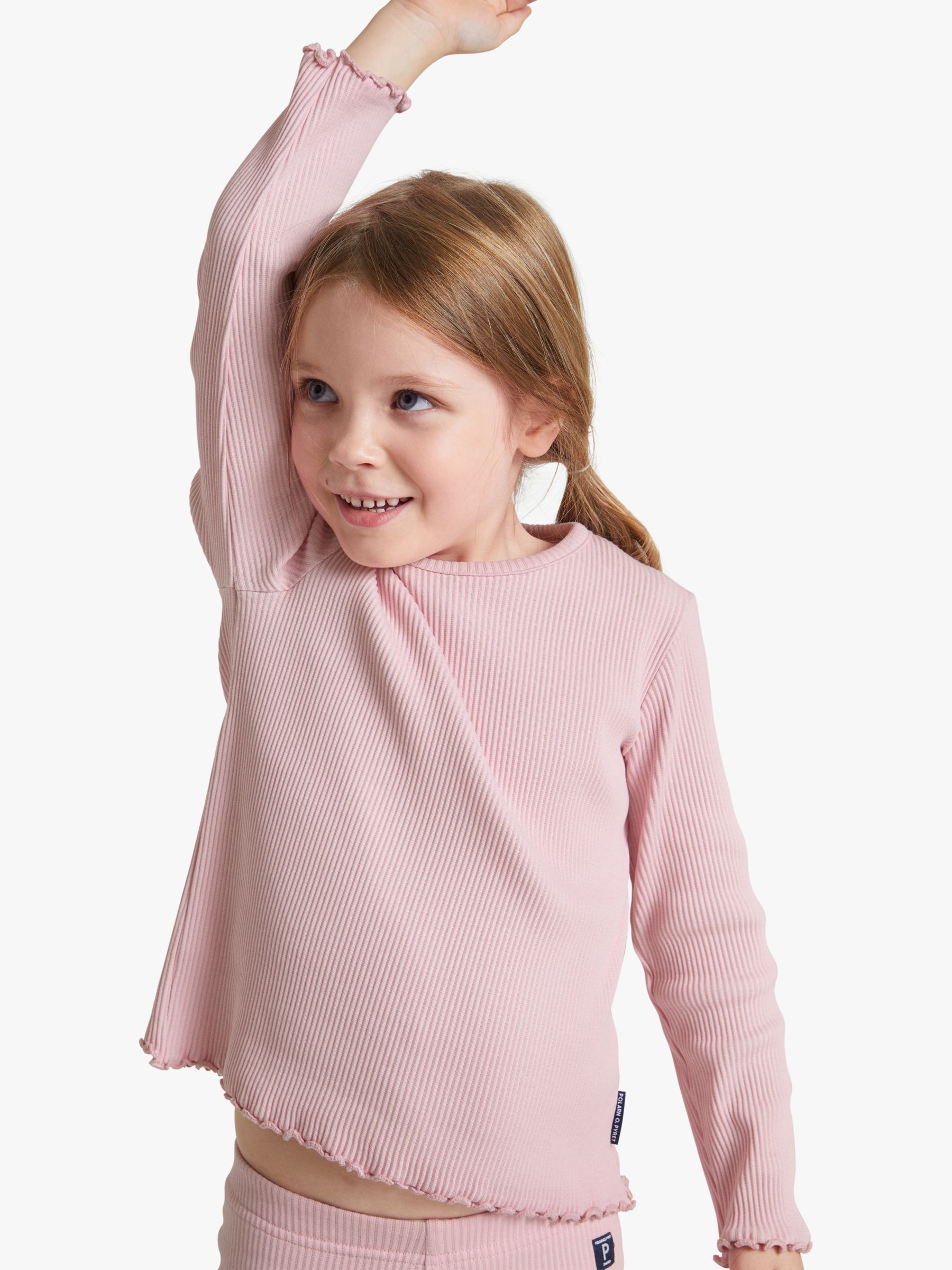 Buy Polarn O. Pyret Kids' Organic Cotton Ribbed Frill Trim Long Sleeve Top, Pink Online at johnlewis.com