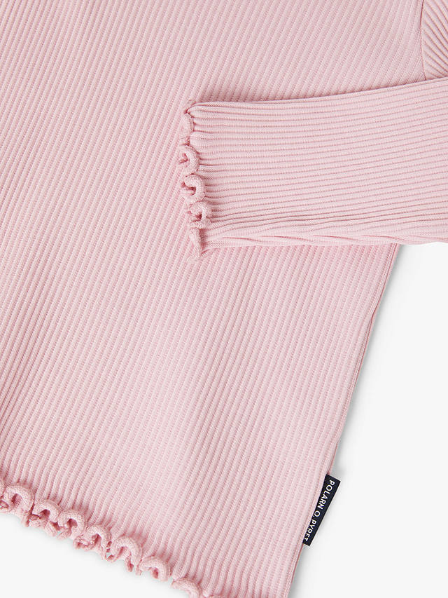 Polarn O. Pyret Kids' Organic Cotton Ribbed Frill Trim Long Sleeve Top, Pink
