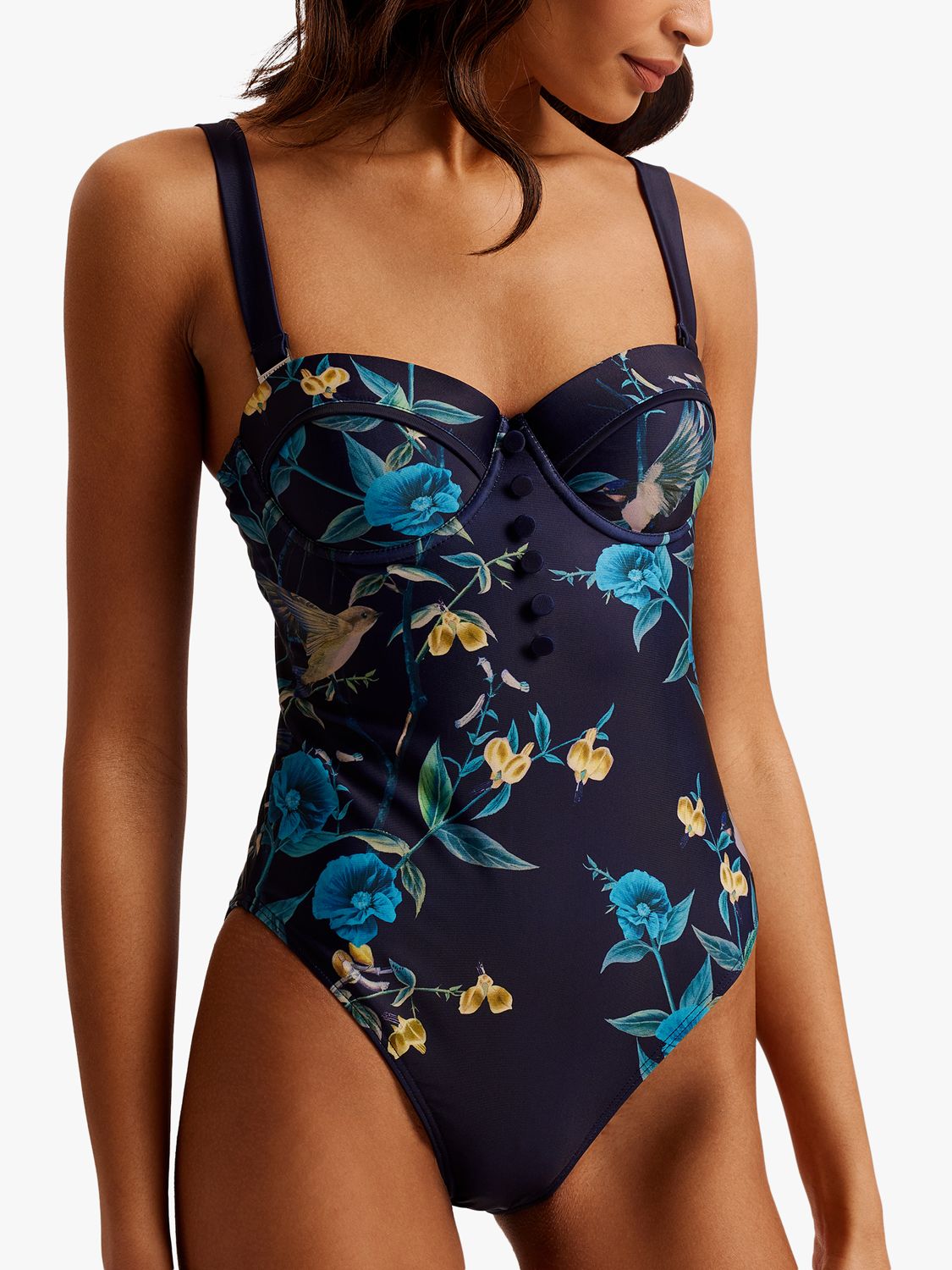 Ted Baker Rainnah Floral Print Button Detail Swimsuit, Navy/Multi, 10