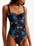 Ted Baker Rainnah Floral Print Button Detail Swimsuit, Navy/Multi, Navy/Multi