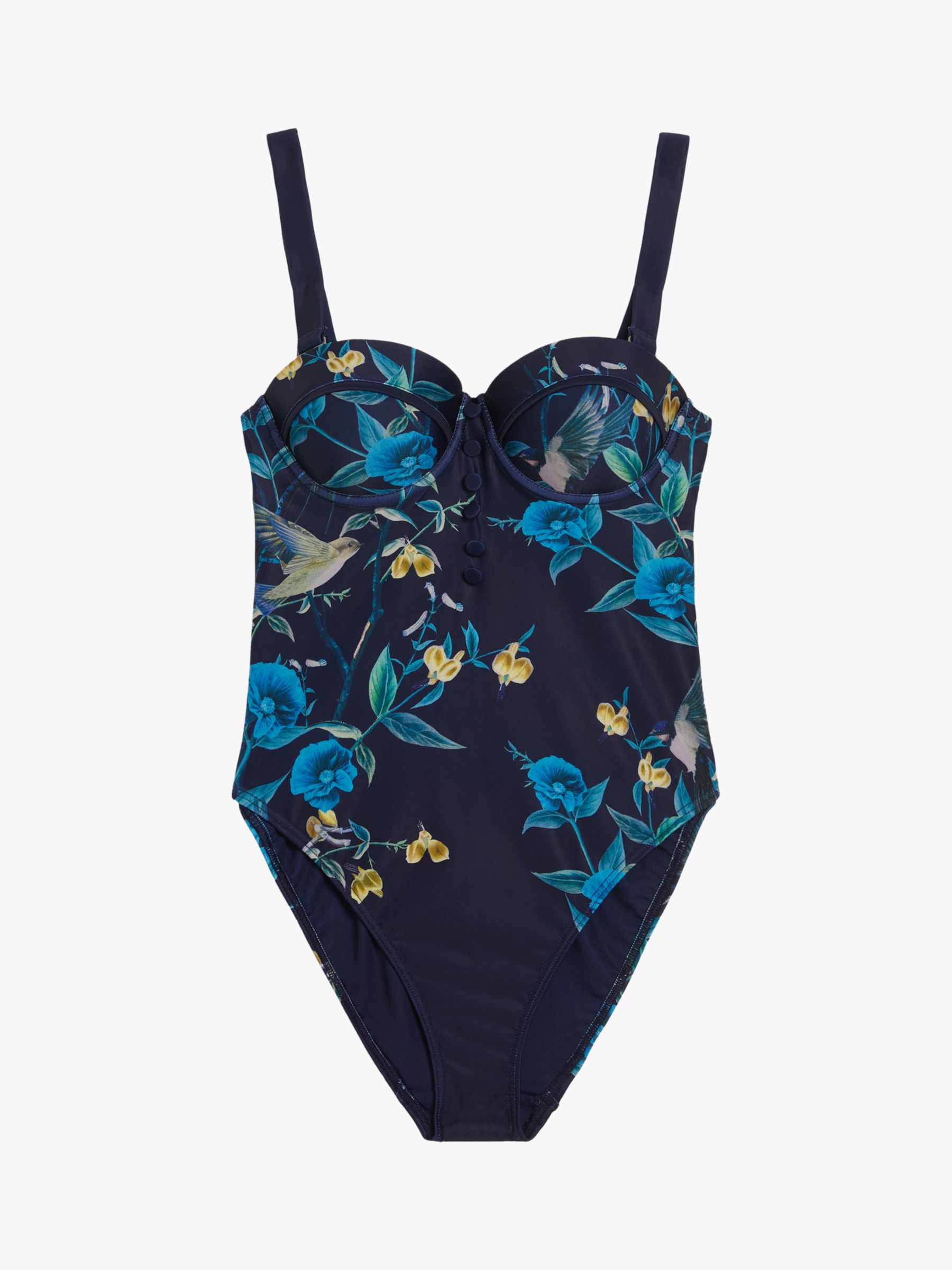 Ted Baker Rainnah Floral Print Button Detail Swimsuit, Navy/Multi, 14