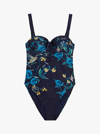 Ted Baker Rainnah Floral Print Button Detail Swimsuit, Navy/Multi
