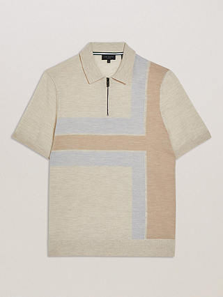 Ted Baker Ambler Block Stripe Wool Polo Shirt, Natural Taupe