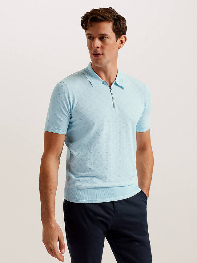 Ted Baker Palton Textured Zipped Polo Shirt, Light Blue
