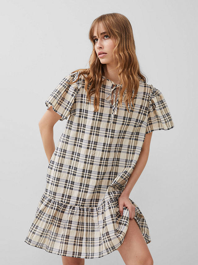French Connection Ivy Mini Check Dress, Black Ash/Classic Cream