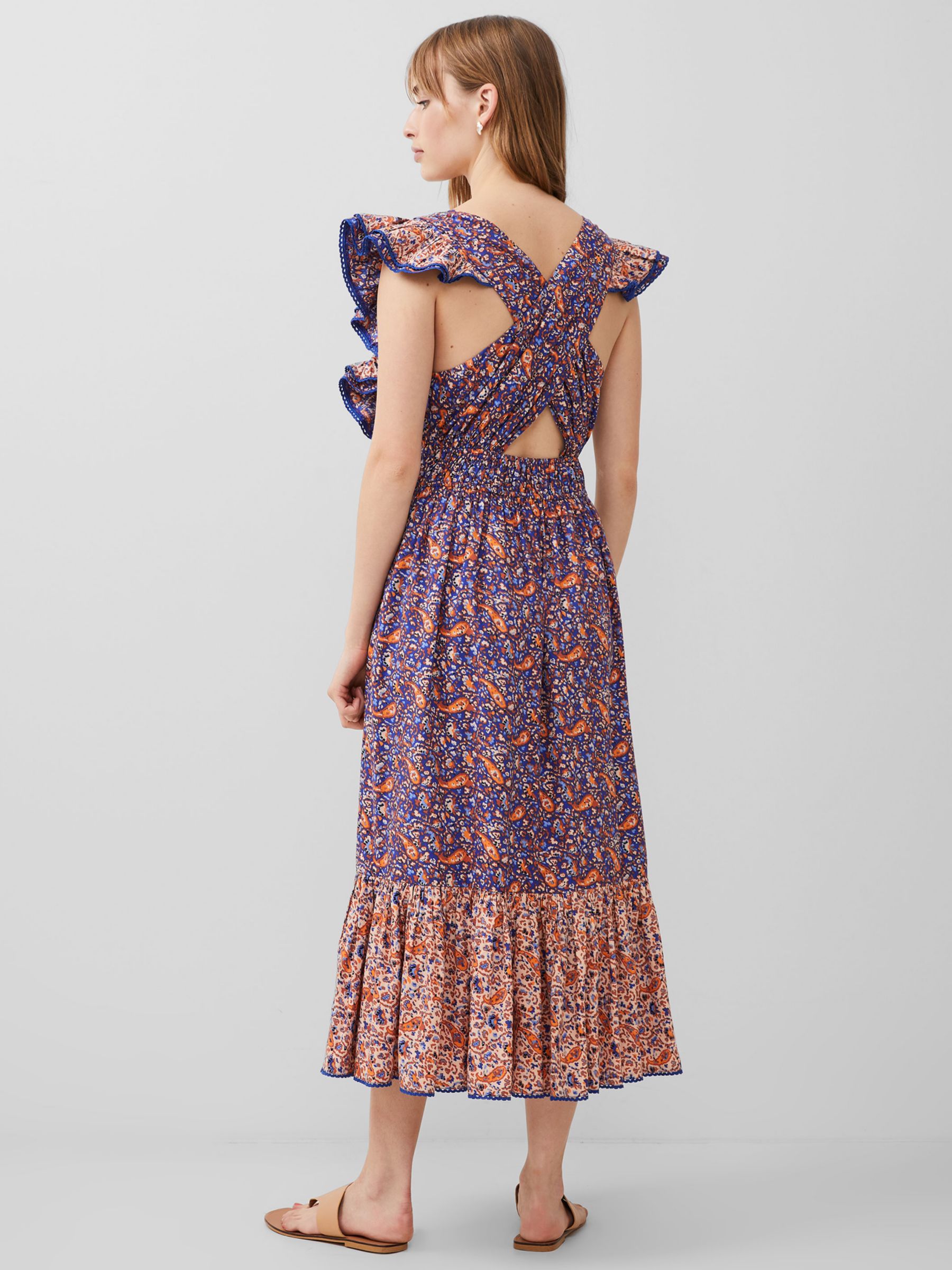 French Connection Anathia Blaire Paisley Print Frill Trim Maxi Dress, Royal Blue/Peach, 10